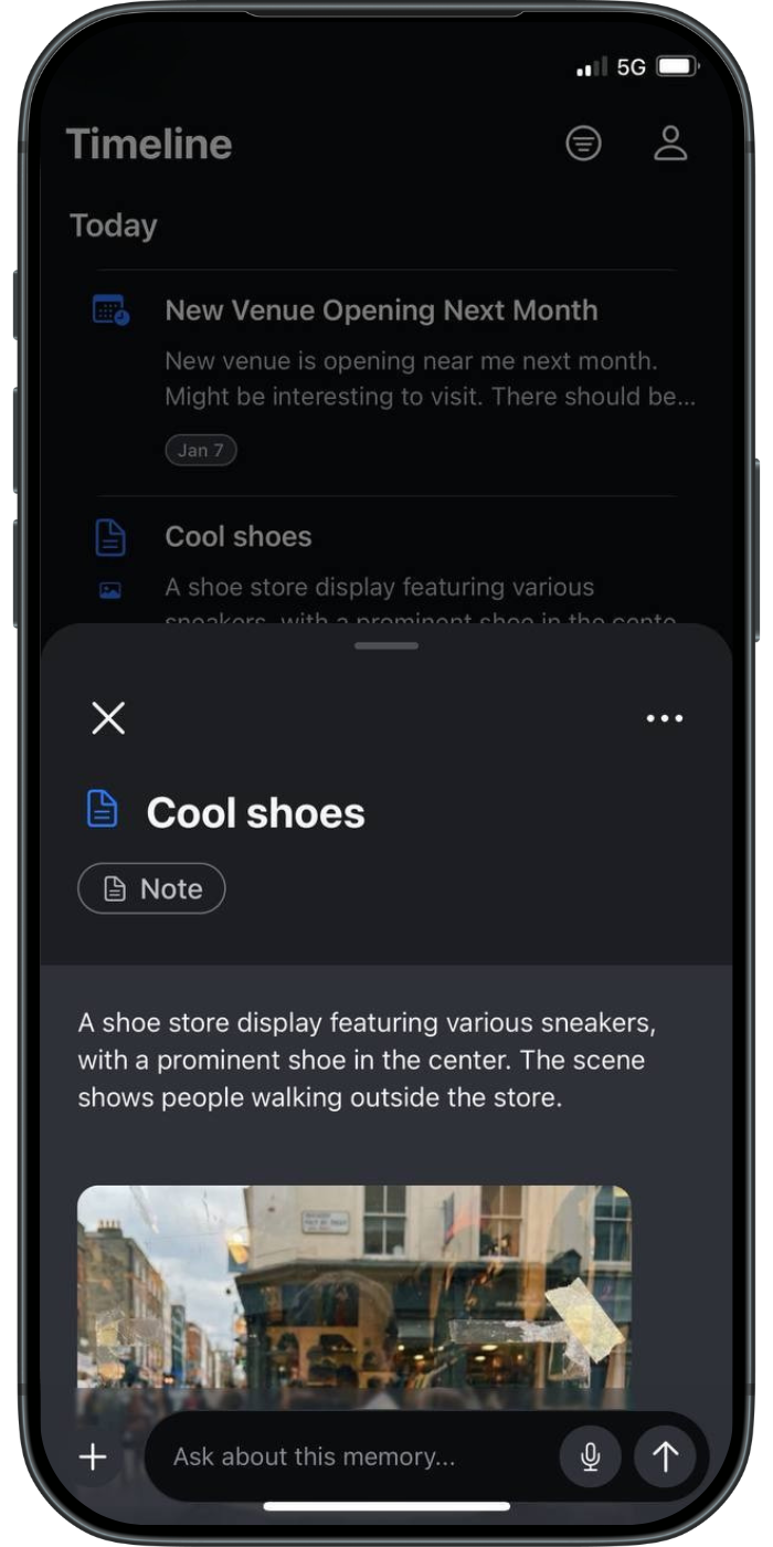 Timeline view with detailed memory modal showing Netflix article.