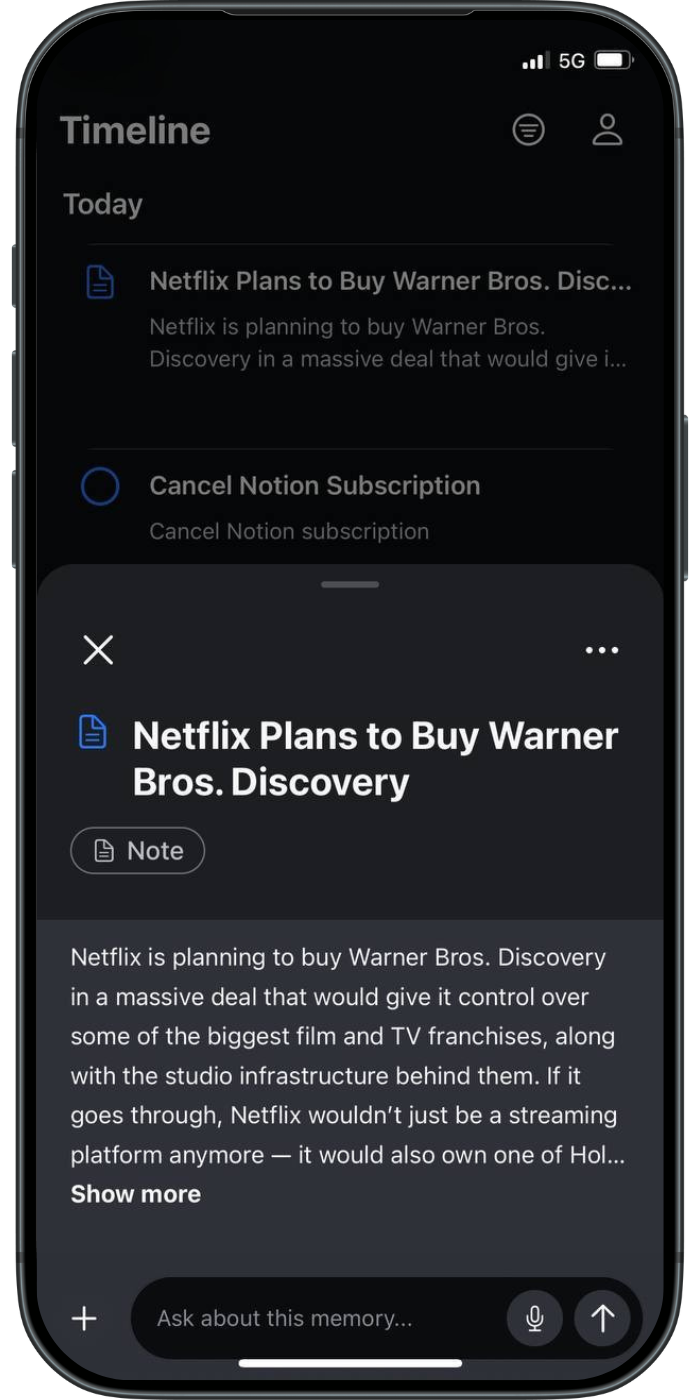 Timeline view with detailed memory modal showing Cool shoes with image.